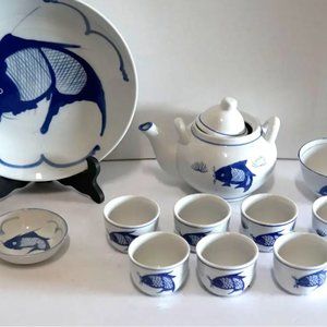 Blue and White Porcelain Carp/Koi Teapot Set with Cups and Serving Plate